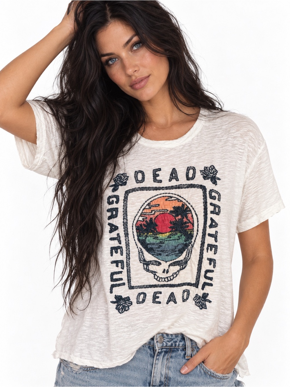 Grateful Dead Lucky Brand Embroidered Steal Your Face T Shirt Medium Cotton